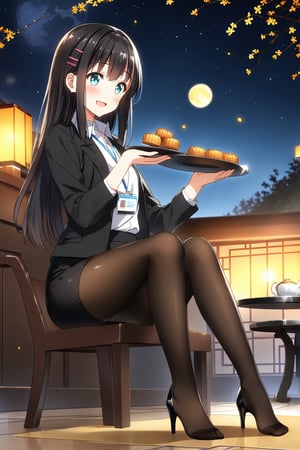 masterpiece, best quality,(1girl), solo,(depth of field),(solo focus),8K,HDR,(ultra high res),(highres),(full body),(full body),(lens flare),smiles,blush,(nice hands), (black hair),(long hair), bangs,(aqua eyes),(hairclip),(id card),(strap),(black jacket),(open jacket),(white shirt),(collared shirt),(black skirt),(pencil skirt),(black pantyhose),(no shoes),(unworns high heels),(mid-autumn festival),(sky lantern),(sitting),(on chair),(armchair),(balcony),(((brown mooncake),food)on plate),(holding mooncake),(maple leaf),(teacup),(teapot),(sanbou),(tsukimi dango),((glass table),(round table)),(gold osmanthus),(yellow flower),(night sky),(star \(sky\)),(full moon),(culture),china,(tile floor),