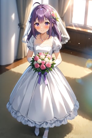 masterpiece, best quality,(1girl), solo,(depth of field),(solo focus),8K,HDR,(ultra high res),(highres),(full body),(lens flare),smiles,blush,(closed mouth), (KJOANKO),(ahoge),(bangs),(purple hair),(long hair),(purple eyes),(collarbone),(hair ornament),(wedding dress), (white dress),(puffy short sleeves),(frilled dress),(white shirt),(skirt), ((white gloves),(lace-trimmed gloves)),(elbow gloves), necklace,jewelry,(white legwear),(white footwear),(high heels), indoors,standing,room, window, curtains, carpet,veil,(holding bouquet),