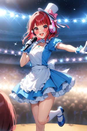 masterpiece, best quality,(1girl), solo,(depth of field),(solo focus),8K,HDR,(ultra high res),(highres),(full body),(lens flare),smiles,blush,(Kana-XL),(medium hair), (red eyes), (red hair),(blunt bangs),(top hat),(
hat bow),(idol clothes),(white bowtie),(blue dress),(frilled choker),(pink ribbon),(puffy short sleeves),(wrist cuffs)(white apron),(white gloves).(necklace),(white sock), (blue footwear),(mary janes),(pink headphones),(outdoors),(holding microphone),music, singing,(stage),(stage lights),(star (sky)),sparkle,(scaffolding),(standing),audience,glowstick,(outstretched arm),(feet out of frame),(leg up),