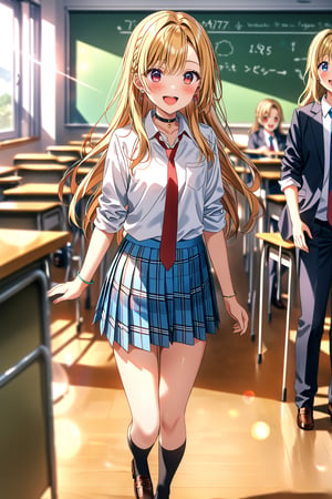 score_9, score_8_up, score_7_up, source_anime, masterpiece, best quality,(1girl), solo,(depth of field),(solo focus),8K,HDR,(ultra high res),(highres),(full body),(lens flare),smiles,blush,(marin kitagawa),(blonde hair),(bangs),(red eyes),(long hair),(multicolored hair),earrings,(jewelry),(school uniform),(white shirt),(collared shirt),(sleeves rolled up),(blue skirt),(necktie),choker, bracelet,(plaid skirt),(pleated skirt),(black socks),(brown footwear),(loafers),kogal,indoors,classroom,standing