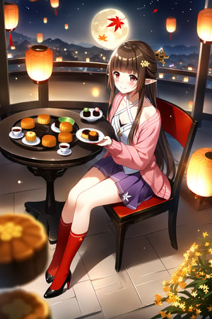 masterpiece, best quality,(1girl), solo,(depth of field),(solo focus),8K,HDR,(ultra high res),(highres),(full body),(lens flare),smiles,blush,(closed mouth),(lingsha),(blunt bangs),(brown hair),(very long hair),(red eyes),(pointy ears ),sidelocks,(hair ornament),(jewelry),(halterneck),jewelry,(pink cardigan),(open cardigan),(white shirt),(purple skirt),(red socks),(black footwear),(high heels),(red nail),(no shoes),(mid-autumn festival),(sky lantern),(sitting),(on chair),(armchair),(balcony),(((brown mooncake),food)on plate),(holding mooncake),(maple leaf),(teacup),(teapot),(sanbou),(tsukimi dango),((glass table),(round table)),(gold osmanthus),(yellow flower),(night sky),(star \(sky\)),(full moon),(culture),china,(tile floor),