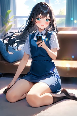 masterpiece, best quality,(1girl), solo,(depth of field),(solo focus),8K,HDR,(ultra high res),(highres),(full body),(lens flare),smiles,blush,(black hair), (long hair),(aqua eyes),(floating hair), sidelocks,(malaysian secondary school uniform),(schoollogo),(school's logo on right side (pinafore dress)),(aqua blue skirt),(blue pinafore),(collared shirt),(white shirt),(short sleeves),(black socks),(no shoes),(unworn ballet flat),(sitting on couch),(indoors),(holding the smartphone),(living room),curtains,window, carpet,shelf,