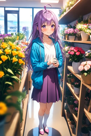 masterpiece, best quality,(1girl), solo,(depth of field),(solo focus),8K,HDR,(ultra high res),(highres),(full body),(lens flare),smiles,blush,(closed mouth),(KJOANKO),(ahoge),(bangs),(purple hair),(long hair),(purple eyes),(blue jacket),(open jacket),(white shirt),(collarbone),(purple skirt),(white socks),(pink footwear),(flats),(standing),(indoors),curtains,(flower shop),(shop),(holding bouquet),florist,(loaded interior),(potted plant),(flower),vase,wreath,