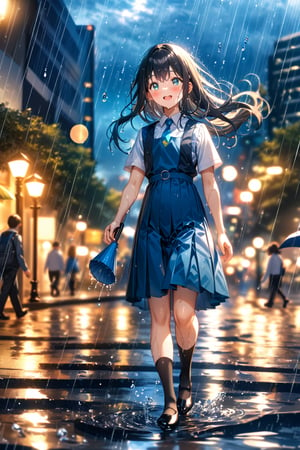 masterpiece, best quality,(1girl), solo,(depth of field),(solo focus),8K,HDR,(ultra high res),(highres),(full body),(perfect lighting),(lens flare),smiles,blush,(black hair), (long hair),(aqua eyes),(floating hair), sidelocks,(malaysian secondary school uniform),(schoollogo),(school's logo on right side (pinafore dress)),(aqua blue skirt),(blue pinafore),(collared shirt),(white shirt),(short sleeves),(black socks),(black footwear),(ballet flats),(walking),(outdoors),(flood),(water),(rainstorm),(rain),(water drop),(cityspace),(holding umbrella),(wet),(lamppost),urban,(wet floor),