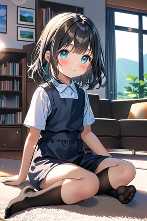 masterpiece, best quality,(1girl), solo,(depth of field),(solo focus),8K,HDR,(ultra high res),(highres),(full body),(lens flare),smiles,blush,(closed mouth),(black hair), (medium hair),(aqua eyes),(floating hair), sidelocks,(malaysian secondary school uniform),(schoollogo),(school's logo on right side (pinafore dress)),(black skirt),(black pinafore),(collared shirt),(white shirt),(short sleeves),(black socks),(no shoes),(sitting),(loli),(child),(indoors),(living room),shelf,curtain,carpet,windows,couch,