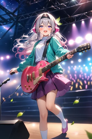 masterpiece, best quality,(1girl), solo,(depth of field),(solo focus),8K,HDR,(ultra high res),(highres),(full body),(lens flare),smiles,blush,Firefly,(parted bangs),(purple eyes),(grey hair),(gradient hair),(hair intakes),(long hair),(black hairband),(leaf hair ornament),(black ribbon),(hair between eyes),(aqua jacket),(white shirt),(purple skirt),(white socks),(pink footwear),(flats),(pink headphones),(outdoors),(holding guitar),(electric guitar),music, singing,(stage),(stage lights),(star (sky)),sparkle,(scaffolding),(standing),audience,glowstick,(outstretched arm),(feet out of frame),(leg up)