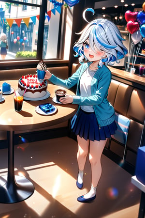 masterpiece, best quality,(1girl), solo,(depth of field),(solo focus),8K,HDR,(ultra high res),(highres),(full body),(lens flare),smiles,blush,(furina \(genshin impact\)), ((light blue hair), (white hair),(multicolored hair), (streaked hair)),(blue eyes),(short hair),(ahoge),(hair between eyes),(hair over one eye),cowlick,(aqua cardigan),(open cardigan),(white shirt),(blue skirt),(white socks),(blue footwear),(ballet flats),(indoors),(cafe),(birthday),(birthday party),(heart balloon),((birthday cake) on table),(string of flags),((gift box),(holding gift)),(happy birthday),((food) on table,fruit,(drink)),(ice cream cup),standing,