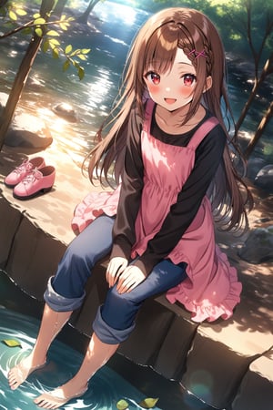 masterpiece, best quality,(1girl),(solo),(full body),(perfect lighting),(lens flare),smiles,blush,(nice hands), (perfect hands),(open mouth),(aobakokona),(brown hair),(red eyes),(very long hair),(braided bangs),(forehead),(parted bangs),(hairclip),(x hair ornament),collarbone,(pink dress),(black shirt),(sleeves past wrists),(sleeveless dress),(frilled dress),(long sleeves),(capri pants),(blue pants ),barefoot,toenail,(pink footwear removed),(unworn sneakers),(unworn socks),(sitting),outdoors,(looking at viewer),denim,(pants rolled up),(soaking feet),(dappled sunlight),handbag,rock,day, leaf, (shoulder bag),(hand between legs), wading, water,stream, (dutch angle),river,sunbeam,tree,branch