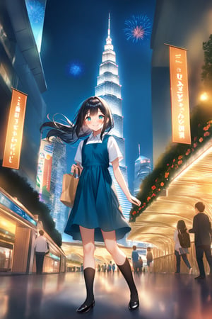 masterpiece, best quality,(1girl), solo,(depth of field),(solo focus),8K,HDR,(ultra high res),(highres),(full body),(lens flare),smiles,blush,(closed mouth),(black hair), (long hair),(aqua eyes),(floating hair), sidelocks,(malaysian secondary school uniform),(schoollogo),(school's logo on right side (pinafore dress)),(aqua blue skirt),(blue pinafore),(collared shirt),(white shirt),(short sleeves),(black socks),(black footwear),(ballet flats),(standing),(outdoors),(cityspace),(holding bag),(lamppost),(building),urban,(petronas twin tower),(Longhouse),(national airport tower),KLCC,(Kuala Lumpur countryside),(Kuala Lumper Tower),Malaysia,(blue sky),landmarks,night,fireworks, 🎇, 🎆,(Hibiscus rosa-sinensis),flower,