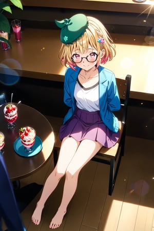 source_anime,masterpiece, best quality,(1girl), solo,(depth of field),(solo focus),8K,HDR,(ultra high res),(highres),(full body),(perfect lighting),(lens flare),smiles,blush,(em1lie),((blonde hair),(pink hair)(multicolored hair)),(two-tone hair),(pink eyes),(green hat),(hair ornament),(black-framed eyewear),(blue jacket),(open jacket),(white shirt),(collarbone),(purple skirt),(barefoot),(toenails),(cafe),indoors,(table),(food on table),(holding spoon),(strawberry parfait),(drink),(modern cafe),(led lights),curtains,(sitting on chair)