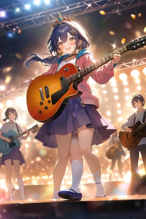 masterpiece, best quality,(1girl), solo,(depth of field),(solo focus),8K,HDR,(ultra high res),(highres),(full body),(lens flare),smiles,blush,(yunli),(dark blue hair),(short hair with long locks),(low twintails),(yellow eyes),(hair between eyes),(single earrings),(crown),(hairclip),(headpiece),(hair ornament),(low ponytail),(double ponytail),(pink jacket),(white shirt),(purple skirt),(white socks),(blue footwear),(flats),(pink headphones),(outdoors),(holding guitar),(electric guitar),music, singing,(stage),(stage lights),(star (sky)),sparkle,(scaffolding),(standing),audience,glowstick,(outstretched arm),(feet out of frame),(leg up)