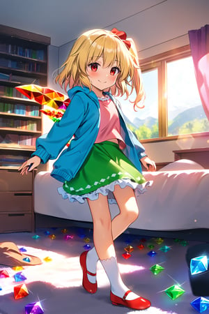 masterpiece, best quality,(1girl), solo,(depth of field),(solo focus),8K,HDR,(ultra high res),(highres),(full body),(lens flare),smiles,blush,(closed mouth),(touhou),(flanN),(flandre scarlet),(blonde hair),(side ponytail),(medium hair),(red eyes),wings, crystal, (laevatein \(touhou\)),(blue cardigan),(open cardigan),(pink shirt),(green skirt),(white socks),(red footwear),(ballet flats),(indoors),(messy room),(shelf),(curtains),(carpet),(bed),(window),(holding phone),