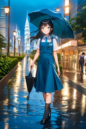 masterpiece, best quality,(1girl), solo,(depth of field),(solo focus),8K,HDR,(ultra high res),(highres),(full body),(perfect lighting),(lens flare),smiles,blush,(black hair), (long hair),(aqua eyes),(floating hair), sidelocks,(malaysian secondary school uniform),(schoollogo),(school's logo on right side (pinafore dress)),(aqua blue skirt),(blue pinafore),(collared shirt),(white shirt),(short sleeves),(black socks),(black footwear),(ballet flats),(walking),(outdoors),(flood),(water),(rainstorm),(rain),(water drop),(cityspace),(holding umbrella),(wet),(lamppost),urban,(wet floor),(petronas twins tower),(Kuala Lumper Tower),Malaysia,