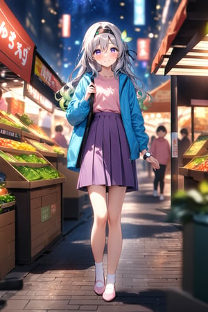 masterpiece, best quality,(1girl), solo,(depth of field),(solo focus),8K,HDR,(ultra high res),(highres),(Exquisite visuals),(narrow waist),(full body),(lens flare),smiles,blush,(nice hands), (perfect hands),((absurdres)),Firefly,(parted bangs),(purple eyes),(grey hair),(gradient hair),(hair intakes),(long hair),(black hairband),(leaf hair ornament),(black ribbon),(hair between eyes),(blue jacket),(pink shirt),(purple skirt),(white socks),(pink footwear),(flats),(digital watch),(outdoors),(cityspace),(market stall),(human road),street,night,