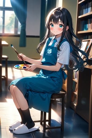masterpiece, best quality,(1girls), solo,(depth of field),(solo focus),8K,HDR,(ultra high res),(highres),(full body),(perfect lighting),(lens flare),smiles,blush,(nice hands), (perfect hands),(black hair), (long hair),(aqua eyes),(floating hair), sidelocks,(malaysian secondary school uniform),(schoollogo),(school's logo on right side (pinafore dress)),(aqua blue skirt),(blue pinafore),(collared shirt),(white shirt),(short sleeves),(white footwear),(slippers),(black socks),(white apron),(indoors),(sitting),(drawing),easel,(holding paintbrush),(holding palette),stool,school,(tiles floor),bookshelf,window,curtains,