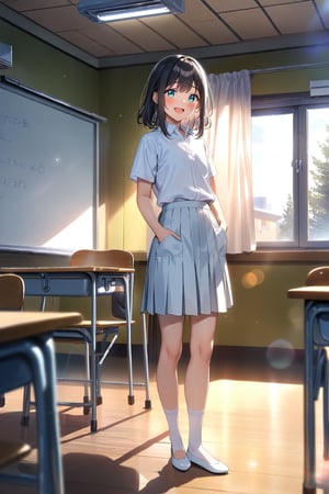 masterpiece, best quality,(1girl), solo,(depth of field),(solo focus),8K,HDR,(ultra high res),(highres),(full body),(perfect lighting),(lens flare),smiles,blush,(black hair), (medium hair),(aqua eyes), sidelocks,(collared shirt),((double pocket) of (white shirt)),(white buttons),(white skirt),(short sleeves),(white socks),(white footwear),(flats),(indoors),(classroom),(standing),(kyoushitsu),(school chair), (school desk), (whiteboard),(window),(ceiling light),curtains,tree,(air conditioners),