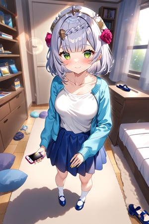 masterpiece, best quality,(1girl), solo,(depth of field),(solo focus),8K,HDR,(ultra high res),(highres),(full body),(lens flare),smiles,blush,(closed mouth),(noelle \(genshin impact\)),(green eyes),(blunt bangs),(grey hair),(braided bangs),(crown braid),(medium breasts),(medium hair),(red roses hair ornament),(gold nails),(alternate costume),(aqua blue jacket), (open jacket),(long sleeves),(white shirt),(blue skirt),(collarbone),(white socks),(blue footwear),(mary janes),(standing),(indoors),(messy room),(shelf),(curtains),(carpet),(bed),(window),(holding phone),