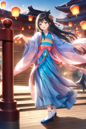 source_anime,masterpiece, best quality,(1girl), solo,(depth of field),(solo focus),8K,HDR,(ultra high res),(highres),(full body),(perfect lighting),(lens flare),smiles,blush,(black hair),(long hair),(aqua eyes),(hair ornament),(hanfu),(jyojifuku),(ruanyi0758),(shawl),(jewelry),(chinese clothes),(blue dress),(long sleeves),(wide sleeves),(white socks),(ancient chinese socks),(blue footwear),(embroidered flats),scenery,outdoors,(east asian architecture),(dancing),(sky lantern),temple,(wooden floor),landscape,bell,stairs,railing,statue,