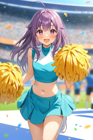 masterpiece, best quality,(1girl), solo,(depth of field),(solo focus),8K,HDR,(ultra high res),(highres),(full body),(lens flare),smiles,blush,(KJOANKO),(ahoge),(bangs),(purple hair),(long hair),(purple eyes),(blue shirt),(crop top),(aqua skirt),(pleated skirt),(sleeveless shirt),(white socks),(white footwear),(sneakers),(outdoors),(sports festival),cheerleader,(holding pom poms),(pom pom \(cheerleading\)),stadium,jyojifuku,navel,(arm up),(confetti)