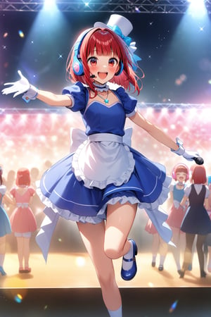 masterpiece, best quality,(1girl), solo,(depth of field),(solo focus),8K,HDR,(ultra high res),(highres),(full body),(lens flare),smiles,blush,(Perfect Hands),(Kana-XL),(medium hair), (red eyes), (red hair),(blunt bangs),(top hat),(
hat bow),(idol clothes),(white bowtie),(blue dress),(frilled choker),(pink ribbon),(puffy short sleeves),(wrist cuffs)(white apron),(white gloves).(necklace),(white sock), (blue footwear),(mary janes),(pink headphones),(outdoors),(holding microphone),music, singing,(stage),(stage lights),(star (sky)),sparkle,(scaffolding),(standing),audience,glowstick,(outstretched arm),(feet out of frame),(leg up),