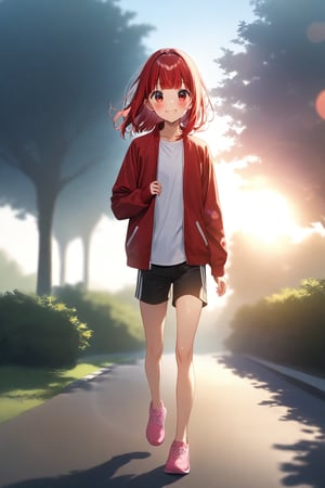 masterpiece, best quality,(1girls), solo,(depth of field),(solo focus),8K,HDR,(ultra high res),(highres),(full body),(full body),(perfect lighting),(lens flare),smiles,blush,(nice hands), (perfect hands),(Kana-XL),(medium hair), (red eyes), (red hair),(blunt bangs),(red jacket),(open jacket),(white shirt),(black shorts),(pink footwear),(sneakers),(closed mouth),outdoors,jogging,running,park, tree,cityspace,morning,