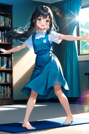 masterpiece, best quality,(1girls), solo,(depth of field),(solo focus),8K,HDR,(ultra high res),(highres),(full body),(perfect lighting),(lens flare),smiles,blush,(nice hands), (perfect hands),(black hair), (long hair),(aqua eyes),(floating hair), sidelocks,(malaysian secondary school uniform),(schoollogo),(school's logo on right side (pinafore dress)),(aqua blue skirt),(blue pinafore),(collared shirt),(white shirt),(short sleeves),(no shoes),(barefoot),(feet),(toenail polish),(aqua nails),(indoors),(carpet),(room),(tiles floor),window,curtains,(bookshelf),(yoga mat),(outstretched arms),(spread arms),(spread legs),standing