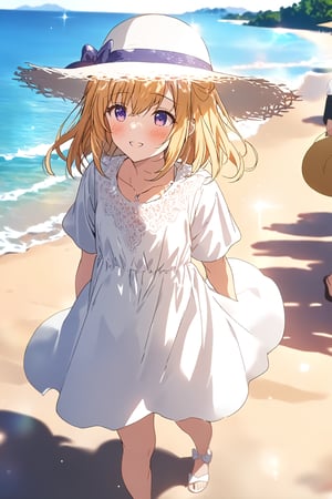 masterpiece, best quality,(1girl), solo,(depth of field),(solo focus),8K,HDR,(ultra high res),(highres),(full body),(lens flare),smiles,blush,ctiank0shi,ahoge (blonde hair),bangs,(long hair),(purple eyes),(hair ornament),(white headwear),(hat bow),(sun hat),(white dress),(short sleeves),(collarbone),(necklace),(white footwear),(sandals),(toenail polish),(standing),(outdoors),beach,ocean,sands,beach,morning,bokeh,