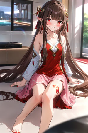 masterpiece, best quality,(1girl), solo,(depth of field),(solo focus),8K,HDR,(ultra high res),(highres),(full body),(lens flare),smiles,blush,(lingsha),(blunt bangs),(brown hair),(very long hair),(red eyes),(pointy ears ),sidelocks,(hair ornament),(jewelry),(halterneck),(red cardigan),(open cardigan),(white shirt),(collarbone),(pink skirt),(barefoot),(toenail polish),(red nails),(leg tattoo),(handbag),indoors,(living room),(shelf),(air condition),(modern room),(curtain),carpet,(sitting on couch),