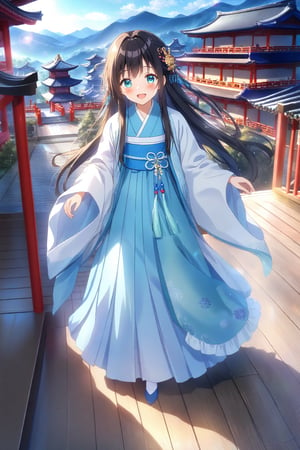 source_anime,masterpiece, best quality,(1girl), solo,(depth of field),(solo focus),8K,HDR,(ultra high res),(highres),(full body),(perfect lighting),(lens flare),smiles,blush,(black hair),(long hair),(aqua eyes),(hair ornament),(hanfu),(jyojifuku),(shawl),(jewelry),(chinese clothes),(blue dress),(long sleeves),(wide sleeves),(white socks),(ancient chinese socks),(blue footwear),(embroidered flats),ruanyi0758,scenery,outdoors,(east asian architecture),temple,(wooden floor),landscape,bell,stairs,railing,statue,