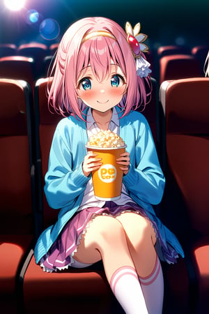 masterpiece, best quality,(1girl), solo,(depth of field),(solo focus),8K,HDR,(ultra high res),(highres),(full body),(lens flare),smiles,blush,(closed mouth),(yui \(princess connect!\)),bangs,(pink hair), (blue eyes), (medium hair), (hair between eyes),(yellow hairband),(hair ornament),(blue cardigan),(open cardigan),(white shirt),(collarbine),(purple skirt),(long sleeves),(white socks),(pink footwear),(ballet flats),(sitting),indoors, cinema,(holding food),(popcorn),(disposable cup),(drink),(movie theater),(theater seating),