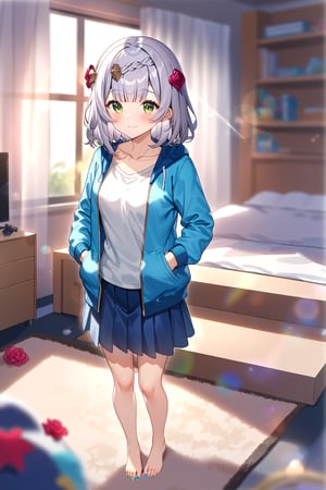 masterpiece, best quality,(1girl), solo,(depth of field),(solo focus),8K,HDR,(ultra high res),(highres),(full body),(lens flare),smiles,blush,(closed mouth),(noelle \(genshin impact\)),(green eyes),(blunt bangs),(grey hair),(braided bangs),(crown braid),(medium breasts),(medium hair),(red roses hair ornament),(gold nails),(alternate costume),(aqua blue jacket), (open jacket),(long sleeves),(white shirt),(blue skirt),(collarbone),(barefoot),(toenail polish),(silver nails),(no shoes),(standing),(indoors),(messy room),(shelf),(curtains),(carpet),(bed),(window),(holding phone),