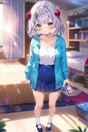 masterpiece, best quality,(1girl), solo,(depth of field),(solo focus),8K,HDR,(ultra high res),(highres),(full body),(lens flare),smiles,blush,(closed mouth),(noelle \(genshin impact\)),(green eyes),(blunt bangs),(grey hair),(braided bangs),(crown braid),(medium breasts),(medium hair),(red roses hair ornament),(gold nails),(alternate costume),(aqua blue jacket), (open jacket),(long sleeves),(white shirt),(blue skirt),(collarbone),(white socks),(blue footwear),(mary janes),(standing),(indoors),(messy room),(shelf),(curtains),(carpet),(bed),(window),(holding phone),