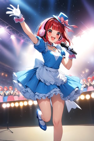 masterpiece, best quality,(1girl), solo,(depth of field),(solo focus),8K,HDR,(ultra high res),(highres),(full body),(lens flare),smiles,blush,(Kana-XL),(medium hair), (red eyes), (red hair),(blunt bangs),(top hat),(
hat bow),(idol clothes),(white bowtie),(blue dress),(frilled choker),(pink ribbon),(puffy short sleeves),(wrist cuffs)(white apron),(white gloves).(necklace),(white sock), (blue footwear),(mary janes),(pink headphones),(outdoors),(holding microphone),music, singing,(stage),(stage lights),(star (sky)),sparkle,(scaffolding),(standing),audience,glowstick,(outstretched arm),(feet out of frame),(leg up),