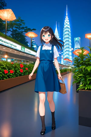 masterpiece, best quality,(1girl), solo,(depth of field),(solo focus),8K,HDR,(ultra high res),(highres),(full body),(lens flare),smiles,blush,(black hair), (long hair),(aqua eyes),(floating hair), sidelocks,(malaysian secondary school uniform),(schoollogo),(school's logo on right side (pinafore dress)),(aqua blue skirt),(blue pinafore),(collared shirt),(white shirt),(short sleeves),(black socks),(black footwear),(ballet flats),(standing),(outdoors),(cityspace),(holding hand bag),(lamppost),(building),urban,(petronas twin tower),(Longhouse),(national airport tower),KLCC,(Kuala Lumpur countryside),(Kuala Lumper Tower),Malaysia,(blue sky),landmarks,night,firework,(Hibiscus rosa-sinensis),flower,street