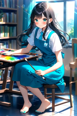 masterpiece, best quality,(1girls), solo,(depth of field),(solo focus),8K,HDR,(ultra high res),(highres),(full body),(perfect lighting),(lens flare),smiles,blush,(nice hands), (perfect hands),(black hair), (long hair),(aqua eyes),(floating hair), sidelocks,(malaysian secondary school uniform),(schoollogo),(school's logo on right side (pinafore dress)),(aqua blue skirt),(blue pinafore),(collared shirt),(white shirt),(short sleeves),(barefoot),(toenail polish),(aqua nails),(no shoes),(white apron),(indoors),(sitting),(drawing),easel,(drawing board),(holding paintbrush),(holding palette),stool,school,(tiles floor),bookshelf,window,curtains,