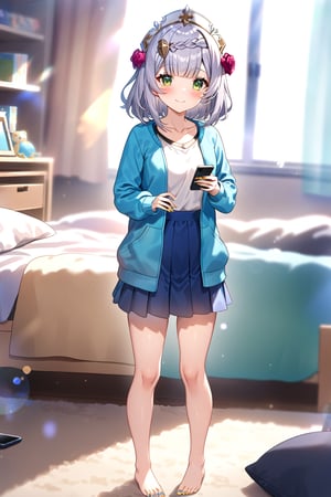 masterpiece, best quality,(1girl), solo,(depth of field),(solo focus),8K,HDR,(ultra high res),(highres),(full body),(lens flare),smiles,blush,(closed mouth),(noelle \(genshin impact\)),(green eyes),(blunt bangs),(grey hair),(braided bangs),(crown braid),(medium breasts),(medium hair),(red roses hair ornament),(gold nails),(alternate costume),(aqua blue jacket), (open jacket),(long sleeves),(white shirt),(blue skirt),(collarbone),(barefoot),(toenail polish),(silver nails),(no shoes),(standing),(indoors),(messy room),(shelf),(curtains),(carpet),(bed),(window),(holding phone),