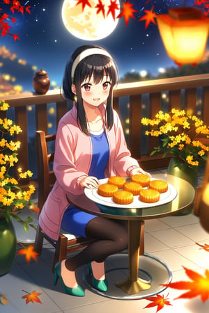 masterpiece, best quality,(1girl), solo,(depth of field),(solo focus),8K,HDR,(ultra high res),(highres),(full body),(full body),(lens flare),smiles,blush,(nice hands),(bbyorf),(black hair),(short hair with long locks),(long hair),(red eyes),sidelocks,breasts,(gold earrings),(jewelry),(white hairband),(pink jacket),(open jacket),(blue shirt),(collarbone),(blue skirt),(black legwear),(green footwear),(high heels),(mid-autumn festival),(sky lantern),(sitting),(on chair),(armchair),(balcony),(((brown mooncake),food)on plate),(holding lantern),(maple leaf),(teacup),(teapot),(sanbou),(tsukimi dango),((glass table),(round table)),(gold osmanthus),(yellow flower),(night sky),(star \(sky\)),(full moon),(culture),china,(tile floor),