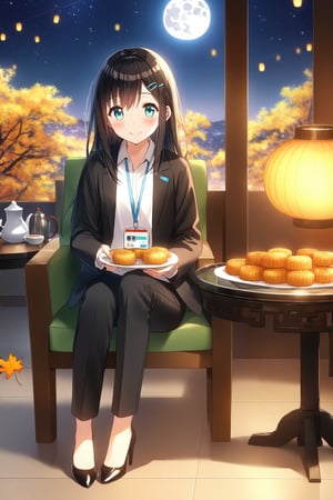 masterpiece, best quality,(1girl), solo,(depth of field),(solo focus),8K,HDR,(ultra high res),(highres),(full body),(full body),(lens flare),smiles,blush,(nice hands), (black hair),(long hair), bangs,(aqua eyes),(hairclip),(id card),(strap),(black jacket),(open jacket),(white shirt),(collared shirt),(black pants),(pencil pants),(black footwear),(high heels),(mid-autumn festival),(sky lantern),(sitting),(on chair),(armchair),(balcony),(((brown mooncake),food)on plate),(holding mooncake),(maple leaf),(teacup),(teapot),(sanbou),(tsukimi dango),((glass table),(round table)),(gold osmanthus),(yellow flower),(night sky),(star \(sky\)),(full moon),(culture),china,(tile floor),