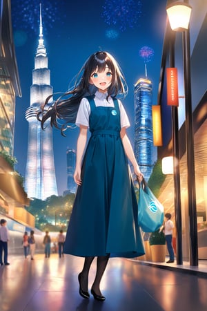 masterpiece, best quality,(1girl), solo,(depth of field),(solo focus),8K,HDR,(ultra high res),(highres),(full body),(lens flare),smiles,blush,(black hair), (long hair),(aqua eyes),(floating hair), sidelocks,(malaysian secondary school uniform),(schoollogo),(school's logo on right side (pinafore dress)),(aqua blue skirt),(blue pinafore),(collared shirt),(white shirt),(short sleeves),(black socks),(black footwear),(ballet flats),(standing),(outdoors),(cityspace),(holding bag),(lamppost),(building),urban,(petronas twin tower),(Longhouse),(national airport tower),KLCC,(Kuala Lumpur countryside),(Kuala Lumper Tower),Malaysia,(blue sky),landmarks,night,firework,(Hibiscus rosa-sinensis),flower,street