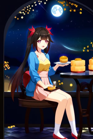 (sparkle \(honkai: star rail\)),(wispy bangs),(dark brown hair),(pink eyes),(very long hair),(twintails),(hair between eyes),(hair ornament),(blue cardigan),(open cardigan),(yellow shirt),(long sleeves),(pink skirt),(white socks),(red footwear),(flats),(mid-autumn festival),(sky lantern),(sitting),(on chair),(armchair),(balcony),(((brown mooncake),food)on plate),(holding mooncake),(maple leaf),(teacup),(teapot),(sanbou),(tsukimi dango),((glass table),(round table)),(gold osmanthus),(yellow flower),(night sky),(star \(sky\)),(full moon),(culture),china,(tile floor)