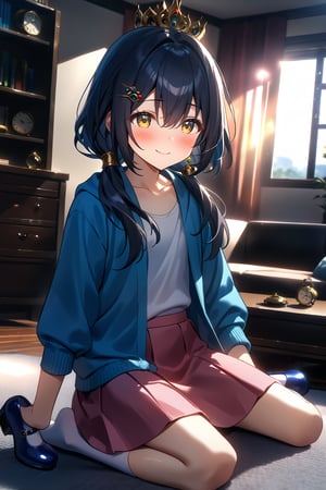 masterpiece, best quality,(1girl), solo,(depth of field),(solo focus),8K,HDR,(ultra high res),(highres),(full body),(perfect lighting),(lens flare),smiles,blush,(closed mouth),(yunli),(dark blue hair),(short hair with long locks),(low twintails),(yellow eyes),(hair between eyes),(single earrings),(crown),(hairclip),(headpiece),(hair ornament),(low ponytail),(double ponytail),(blue cardigan),(open cardigan),(white shirt),(collarbone),(pink skirt),(white socks),(blue footwear),(mary janes),(no shoes),(indoor),(living room),clock,(sitting on couch),curtains,carpet,bookshelf,(modern room),(tile floor), 