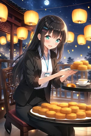 masterpiece, best quality,(1girl), solo,(depth of field),(solo focus),8K,HDR,(ultra high res),(highres),(full body),(full body),(lens flare),smiles,blush,(nice hands), (black hair),(long hair), bangs,(aqua eyes),(hairclip),(id card),(strap),(black jacket),(open jacket),(white shirt),(collared shirt),(black pants),(pencil pants),(black footwear),(high heels),(mid-autumn festival),(sky lantern),(sitting),(on chair),(armchair),(balcony),(((brown mooncake),food)on plate),(holding mooncake),(maple leaf),(teacup),(teapot),(sanbou),(tsukimi dango),((glass table),(round table)),(gold osmanthus),(yellow flower),(night sky),(star \(sky\)),(full moon),(culture),china,(tile floor),