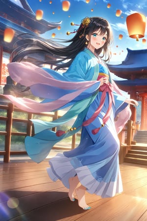 source_anime,masterpiece, best quality,(1girl), solo,(depth of field),(solo focus),8K,HDR,(ultra high res),(highres),(full body),(perfect lighting),(lens flare),smiles,blush,(black hair),(long hair),(aqua eyes),(hair ornament),(hanfu),(ruanyi0758),(shawl),(jewelry),(chinese clothes),(blue dress),(long sleeves),(wide sleeves),(barefoot),(toenail polish),(aqua nails),scenery,outdoors,(east asian architecture),(dancing),(sky lantern),temple,(wooden floor),landscape,bell,stairs,railing,statue,