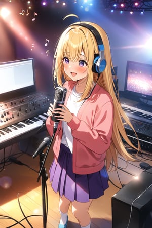 masterpiece, best quality,(1girl), solo,(depth of field),(solo focus),8K,HDR,(ultra high res),(highres),(full body),(lens flare),smiles,blush,ctiank0shi,ahoge (blonde hair),bangs,(long hair),(purple eyes),(pink cardigan),(open cardigan),(red shirt),(long sleeves),(purple skirt),(white socks),(blue footwear),(flats),(indoors),(amplifier),(cable),(computer keyboard),(pop filter),(contemporary),(music stand),(headphones),(instrument),(music),(microphone stand),(singing),(speaker),(stage lights),(studio),(studio microphone),(musical note)