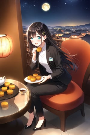 masterpiece, best quality,(1girl), solo,(depth of field),(solo focus),8K,HDR,(ultra high res),(highres),(full body),(full body),(lens flare),smiles,blush,(nice hands), (black hair),(long hair), bangs,(aqua eyes),(hairclip),(id card),(strap),(black jacket),(open jacket),(white shirt),(collared shirt),(black pants),(pencil pants),(black footwear),(high heels),(mid-autumn festival),(sky lantern),(sitting),(on chair),(armchair),(balcony),(((brown mooncake),food)on plate),(holding mooncake),(maple leaf),(teacup),(teapot),(sanbou),(tsukimi dango),((glass table),(round table)),(gold osmanthus),(yellow flower),(night sky),(star \(sky\)),(full moon),(culture),china,(tile floor),