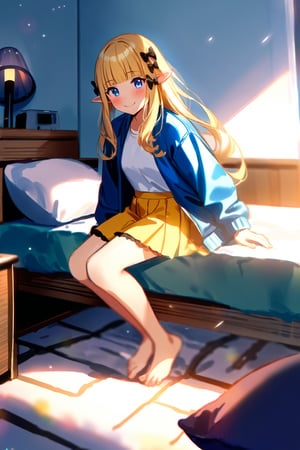 masterpiece, best quality,(1girl), solo,(depth of field),(solo focus),8K,HDR,(ultra high res),(highres),(full body),(lens flare),smiles,blush,(closed mouth),(sarenastrum),(blonde hair), (blue eyes), (long hair), (floating hair),(pointy ears), ((hair bows),(black bows)),(blunt bangs), (medium breasts),(blue jacket),(open jacket),(white shirt),(yellow skirt),(barefoot),(toenail polish),(indoors),(messy room),(messy room),(pillow),(lamp),(bed), (scenery), 