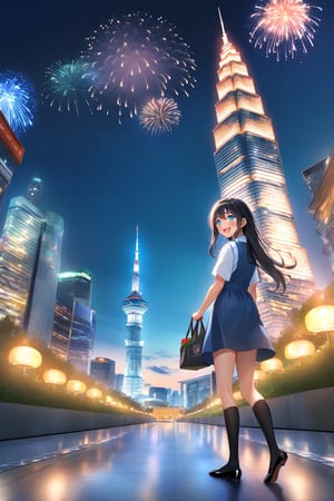 masterpiece, best quality,(1girl), solo,(depth of field),(solo focus),8K,HDR,(ultra high res),(highres),(full body),(lens flare),smiles,blush,(black hair), (long hair),(aqua eyes),(floating hair), sidelocks,(malaysian secondary school uniform),(schoollogo),(school's logo on right side (pinafore dress)),(aqua blue skirt),(blue pinafore),(collared shirt),(white shirt),(short sleeves),(black socks),(black footwear),(ballet flats),(standing),(outdoors),(cityspace),(holding bag),(lamppost),(building),urban,(petronas twin tower),(Longhouse),(national airport tower),KLCC,(Kuala Lumpur countryside),(Kuala Lumper Tower),Malaysia,(blue sky),landmarks,night,firework,(Hibiscus rosa-sinensis),flower,