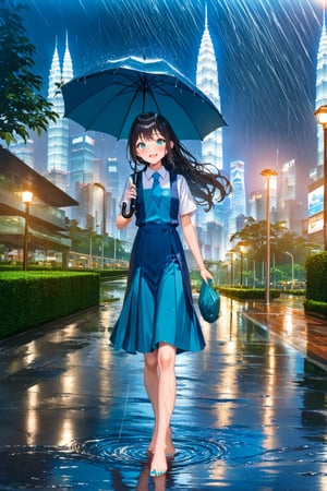 masterpiece, best quality,(1girl), solo,(depth of field),(solo focus),8K,HDR,(ultra high res),(highres),(full body),(perfect lighting),(lens flare),smiles,blush,(black hair), (long hair),(aqua eyes),(floating hair), sidelocks,(malaysian secondary school uniform),(schoollogo),(school's logo on right side (pinafore dress)),(aqua blue skirt),(blue pinafore),(collared shirt),(white shirt),(short sleeves),(barefoot),(toenail polish),(aqua nails),(walking),(outdoors),(flood),(water),(rainstorm),(rain),(water drop),(cityspace),(holding umbrella),(wet),(lamppost),urban,(wet floor),(petronas twins tower),(Kuala Lumper Tower),Malaysia,