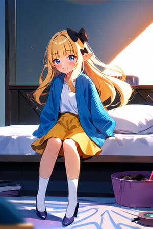 masterpiece, best quality,(1girl), solo,(depth of field),(solo focus),8K,HDR,(ultra high res),(highres),(full body),(lens flare),smiles,blush,(closed mouth),(sarenastrum),(blonde hair), (blue eyes), (long hair), (floating hair),(pointy ears), ((hair bows),(black bows)),(blunt bangs), (medium breasts),(blue jacket),(open jacket),(white shirt),(yellow skirt),(white socks),(light purple footwear),(high heels),(indoors),(messy room),(messy room),(pillow),(lamp),(bed), (scenery), 