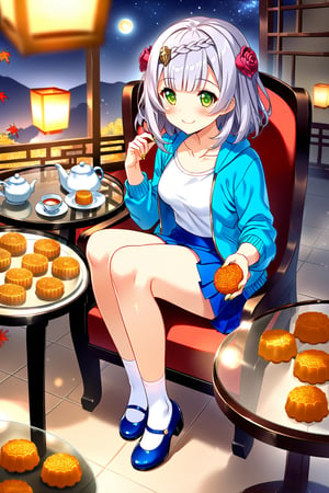 masterpiece, best quality,(1girl), solo,(depth of field),(solo focus),8K,HDR,(ultra high res),(highres),(full body),(full body),(lens flare),smiles,blush,(nice hands), (noelle \(genshin impact\)),(green eyes),(blunt bangs),(grey hair),(braided bangs),(crown braid),(medium breasts),(medium hair),(red roses hair ornament),(gold nails),(alternate costume),(aqua blue jacket), (open jacket),(long sleeves),(white shirt),(blue skirt),(collarbone),(white socks),(blue footwear),(mary janes),(mid-autumn festival),(sky lantern),(sitting),(on chair),(armchair),(balcony),(((brown mooncake),food)on plate),(holding mooncake),(maple leaf),(teacup),(teapot),(sanbou),(tsukimi dango),((glass table),(round table)),(gold osmanthus),(yellow flower),(night sky),(star \(sky\)),(full moon),(culture),china,(tile floor), 